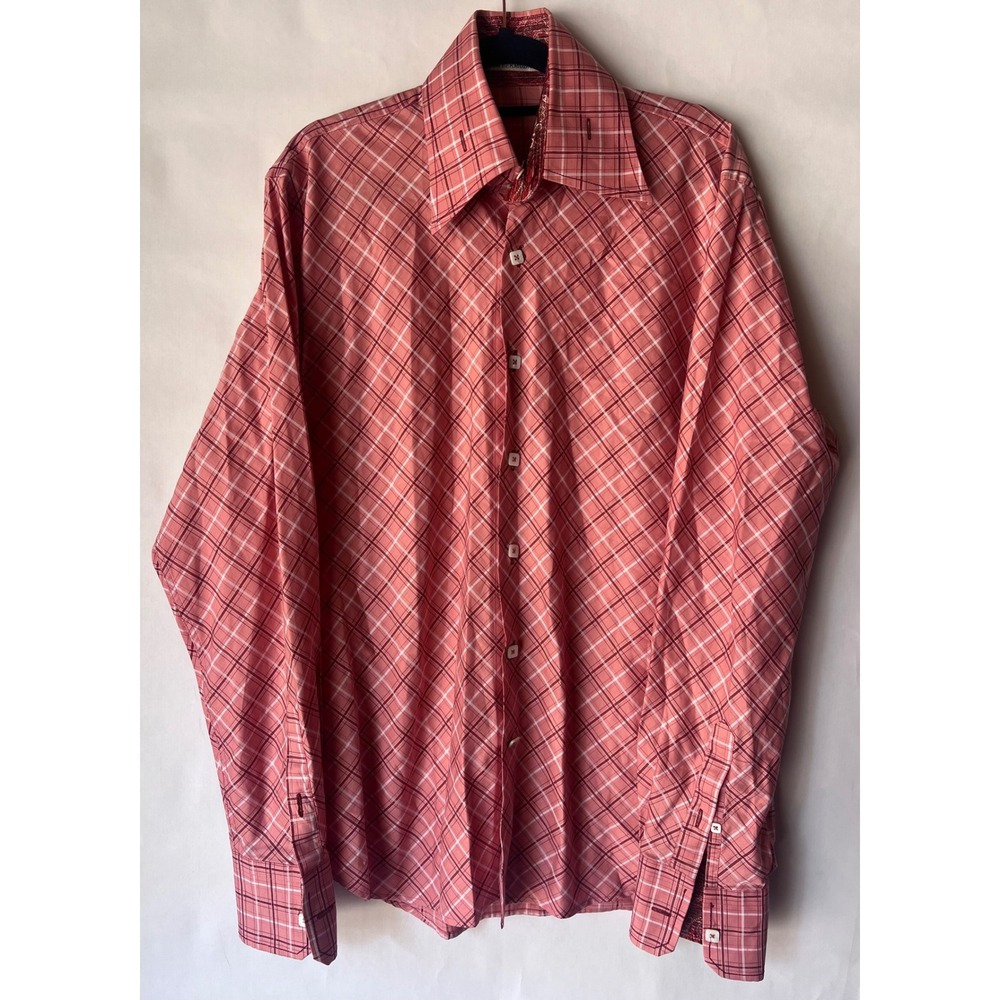 Angelino For Bermuda Mens Pink Plaid Long Sleeve Button Down Dress Shirt‎